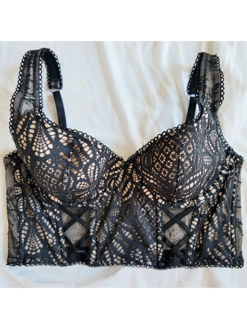 Victorias Secret Corset Bra Top Black Nude Lace Size 34B NWOT